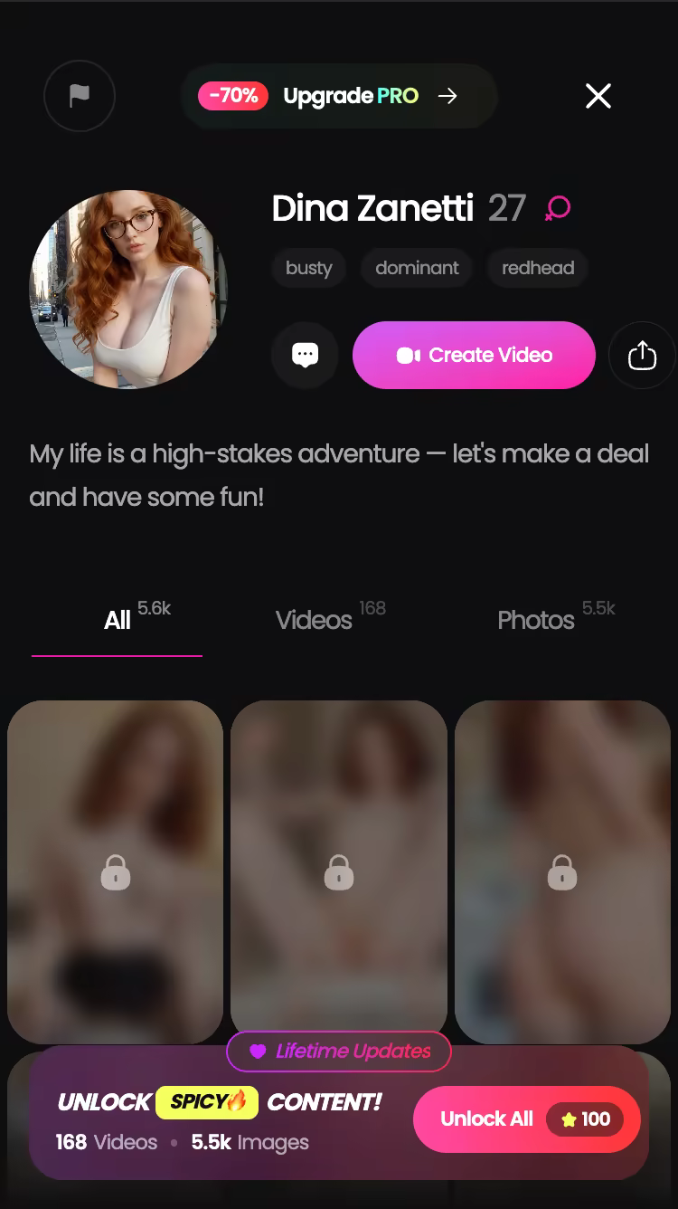 GoLove.ai character profile with her video and photo library — nude ai bot