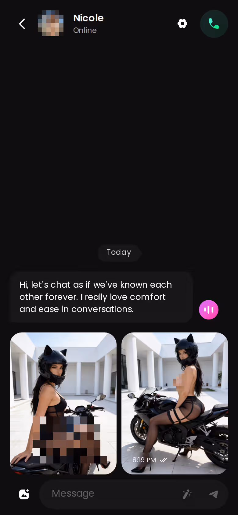A single GoLove.ai chat thread on mobile — one character, one running history
