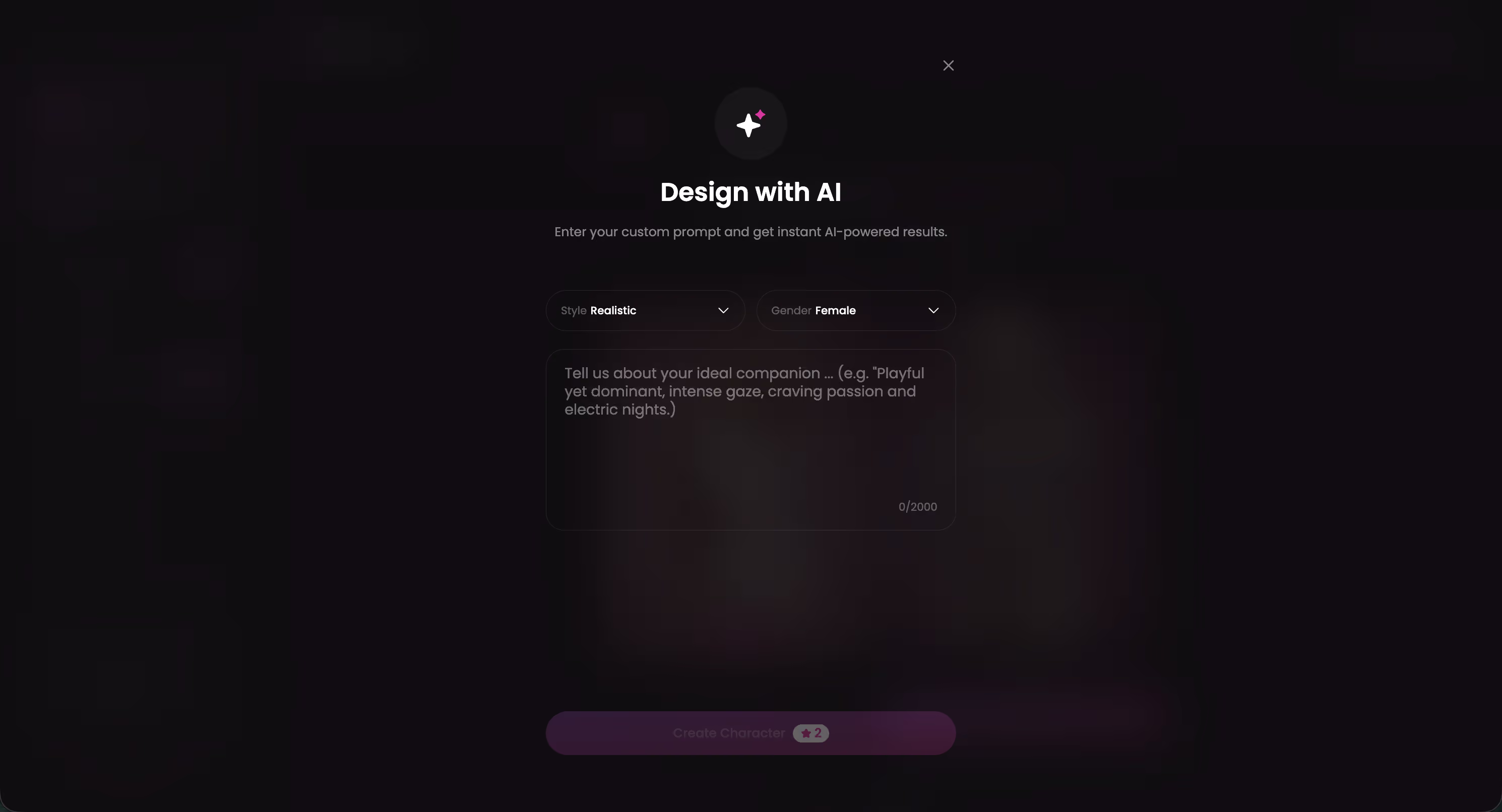 GoLove.ai Design with AI screen where a text description becomes a custom character