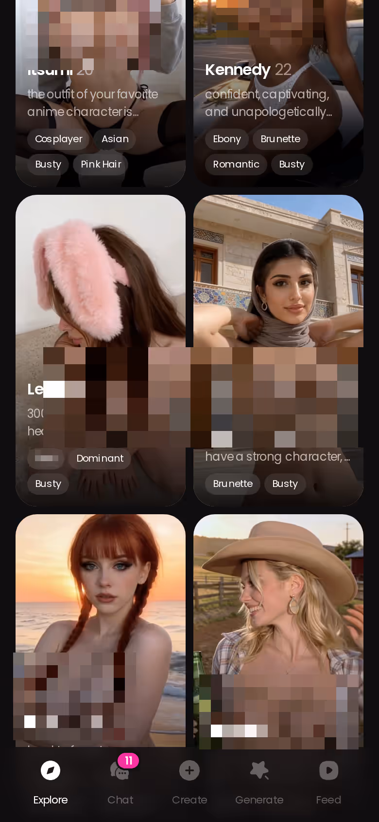 GoLove.ai Explore page on mobile showing the realistic character cast