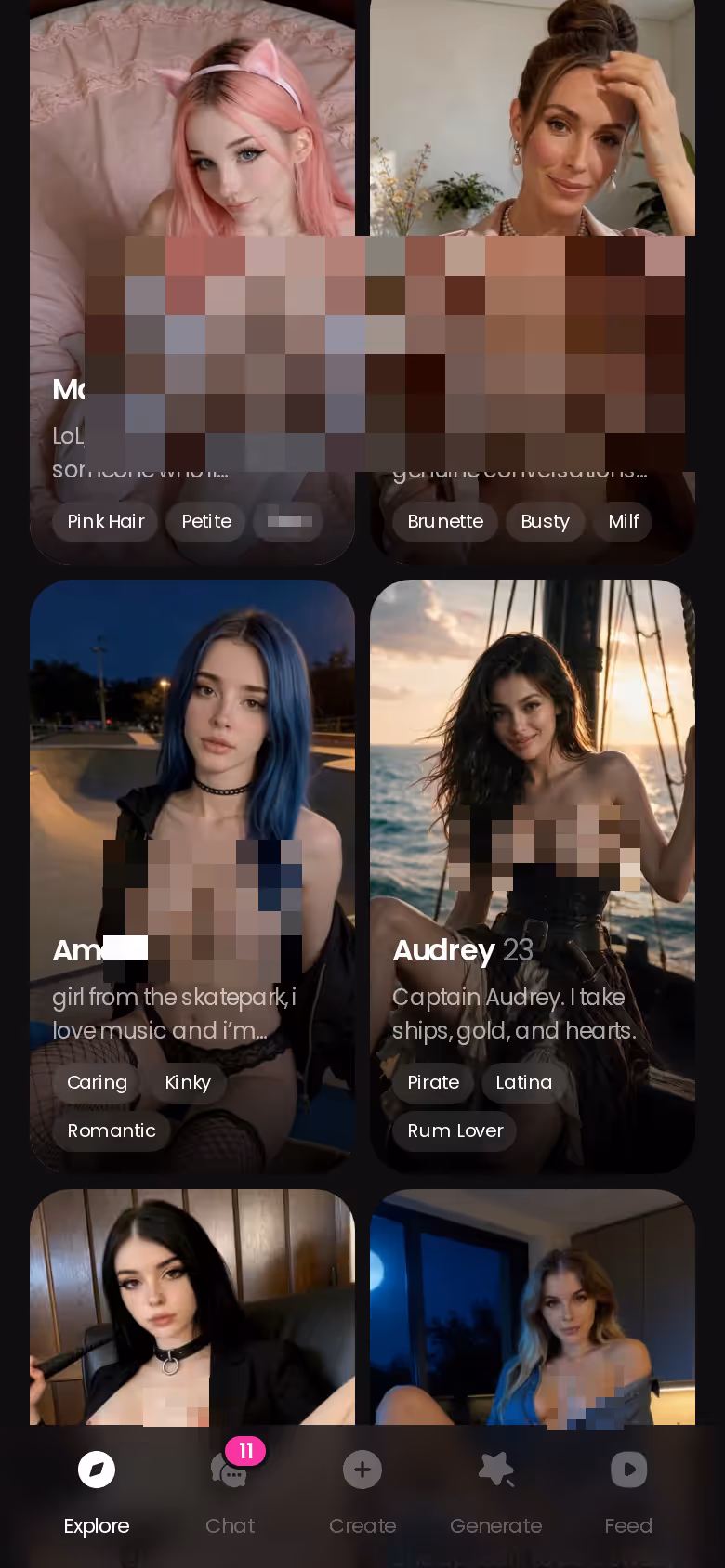 GoLove.ai Explore tab on mobile showing realistic AI girlfriend characters