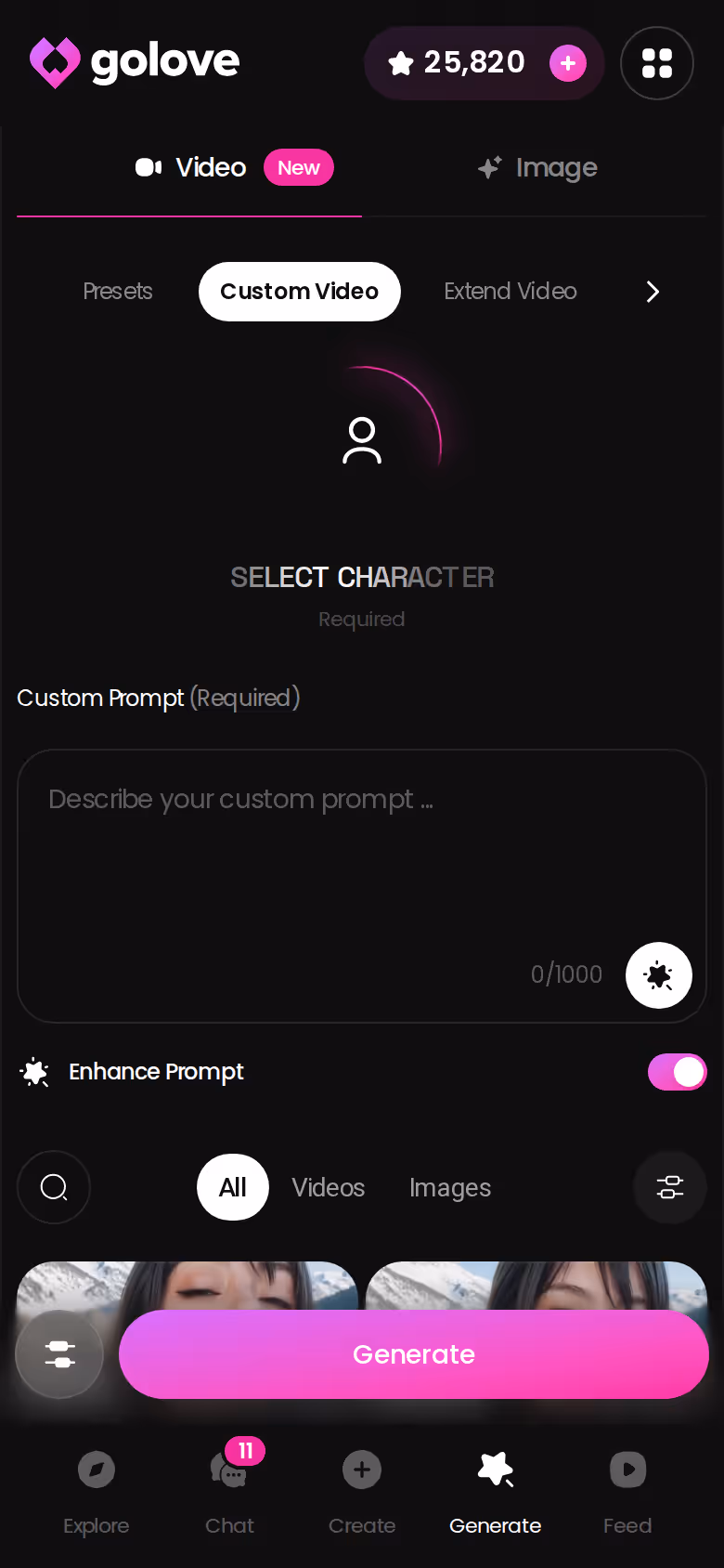 Custom Video on mobile — prompt it, pick settings, generate