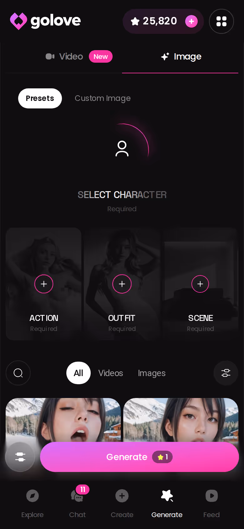 Image mode on mobile — presets stacked, one tap to render