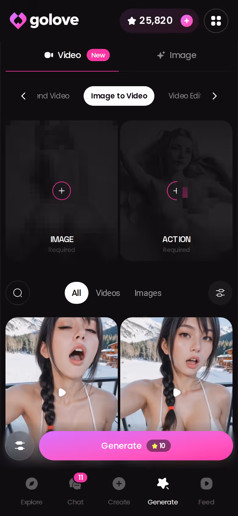 GoLove.ai Image to Video mode in the mobile generator