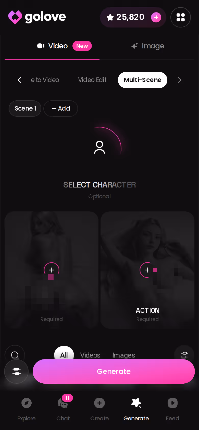 GoLove's mobile Generate tab with pose, clothes and background preset cards selected for one character